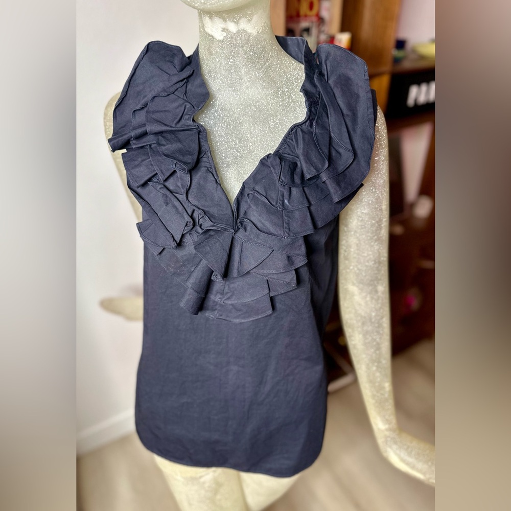 Marni Women’s Sleeveless Navy V-neck Ruffle Blouse. Size 40EU/4 US